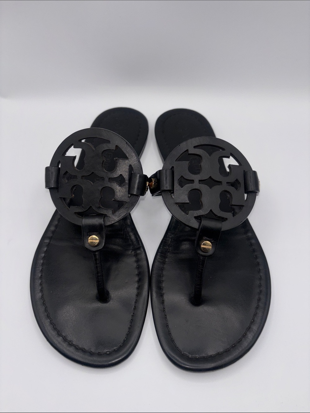 Tory Burch Black Leather Logo Thong Sandals